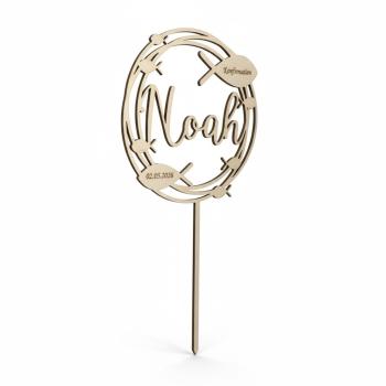 Runder Caketopper aus Birkenholz mit personalisiertem Namen, Anlass und Datum